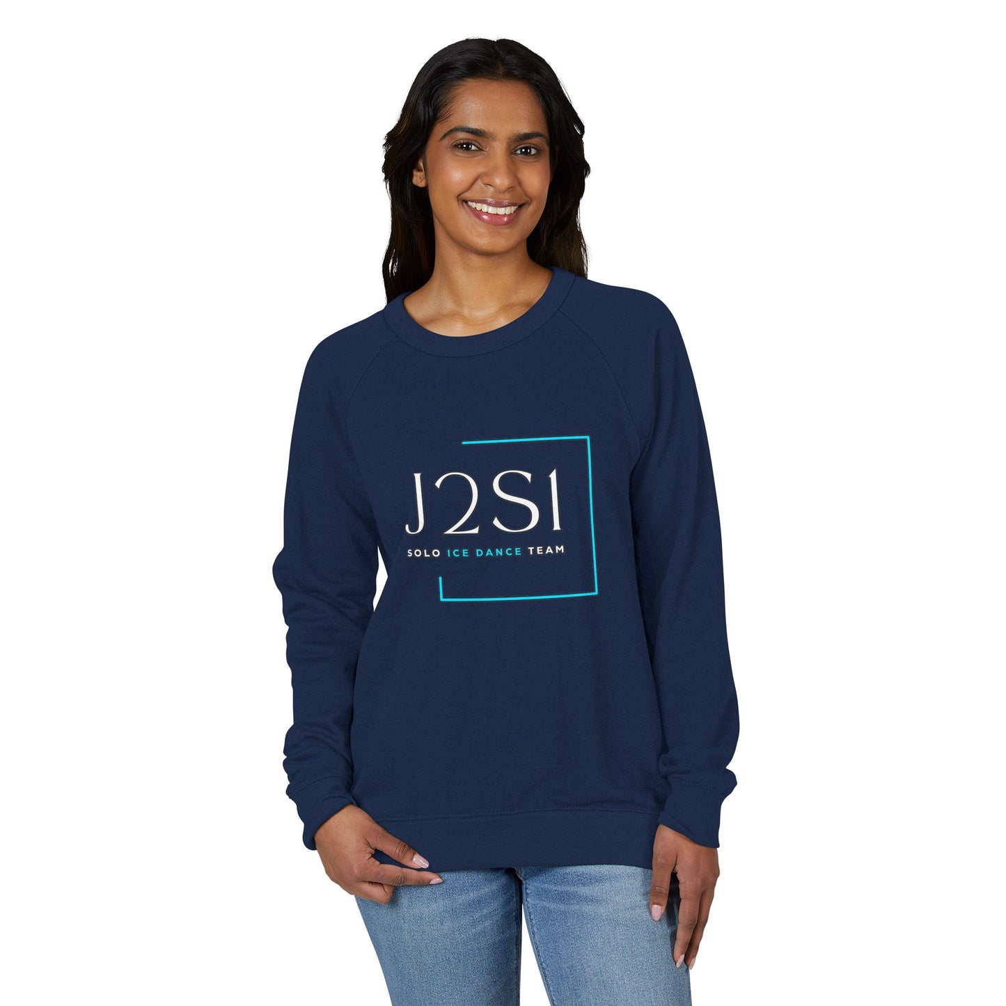 J2SI Logo Crewneck Sweatshirt — Minimalist Teal Accent Raglan Pullover